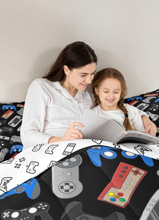 Modern Gamer Bedding Set for Teens, Full Size Down Comforter with Video Game Joystick Design in Black and Blue for Boys and Youth Bedrooms