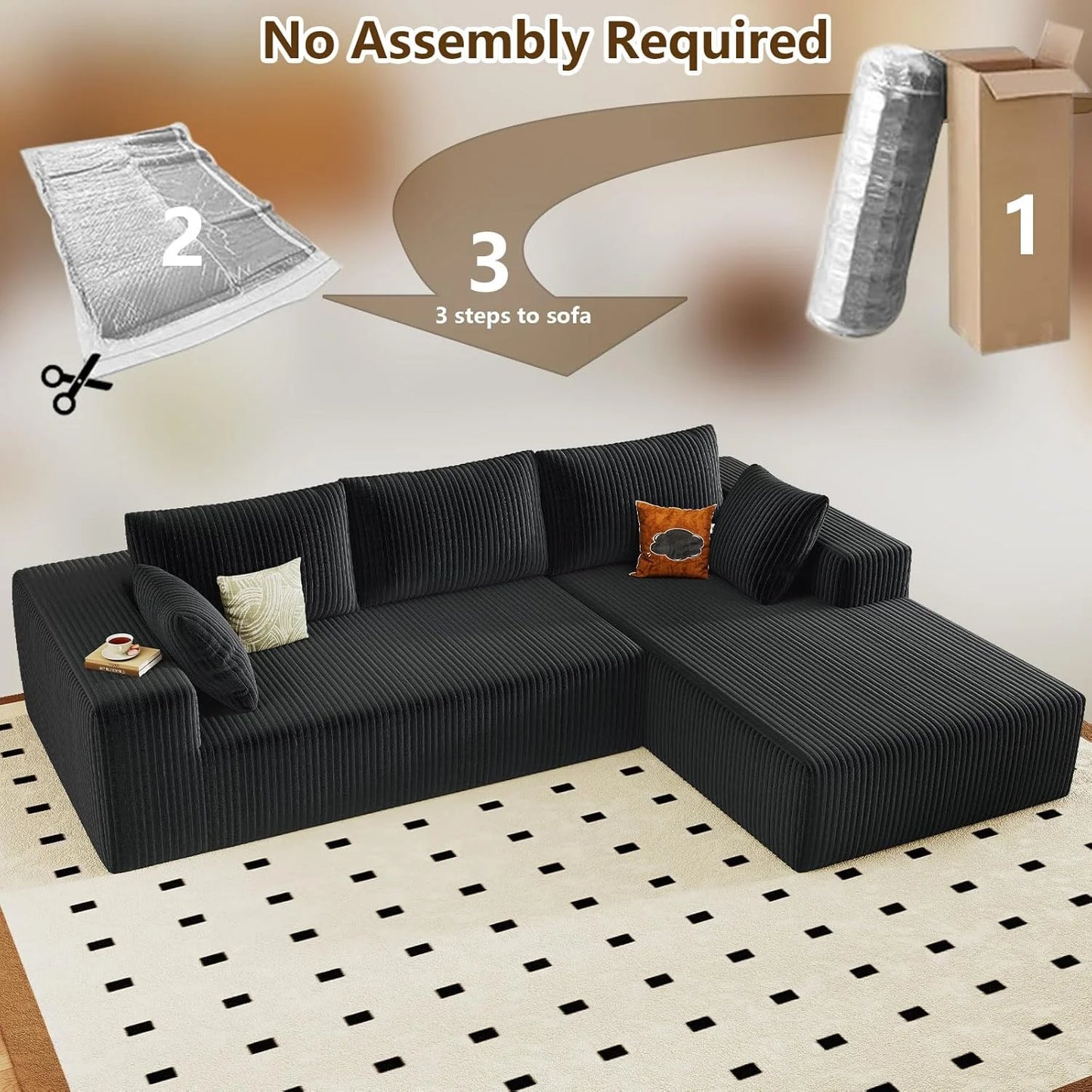 96" Modular Sectional Couch, Boneless L Shaped Cloud Sofa with Chaise Lounge, Corduroy Upholstered Couches Memory Foam Deep Seat, No Assembly Required, Ideal for Living Room(Black, Right Facing)