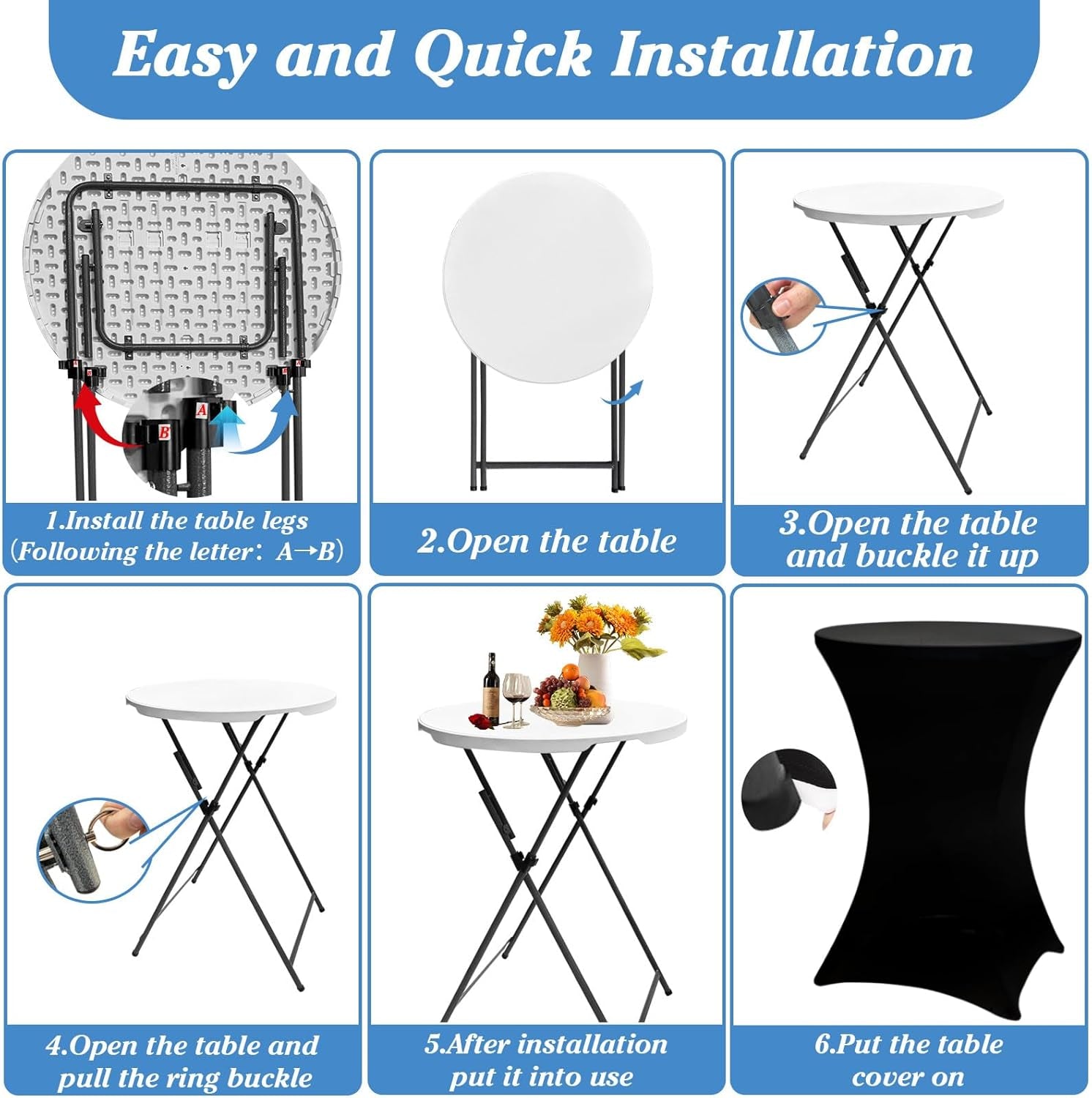 2Sets 32In Hightop Folding Cocktail Tables+Covers-Spandex Stretch Folding Tall Bar Table Covers, Detachable Legs Bar Height Folding Table Outdoor Indoor Use (Black/2 Tables+2 Covers)