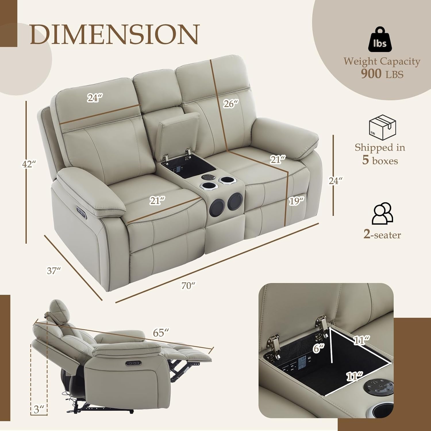 Power Reclining Loveseat with LED Reading Light/Storage Drawer/Bluetooth Speakers, Power Loveseat Recliner Sofa Wall Hugger Reclining Loveseat with Outlets(Grey, 2 Seat with Console)