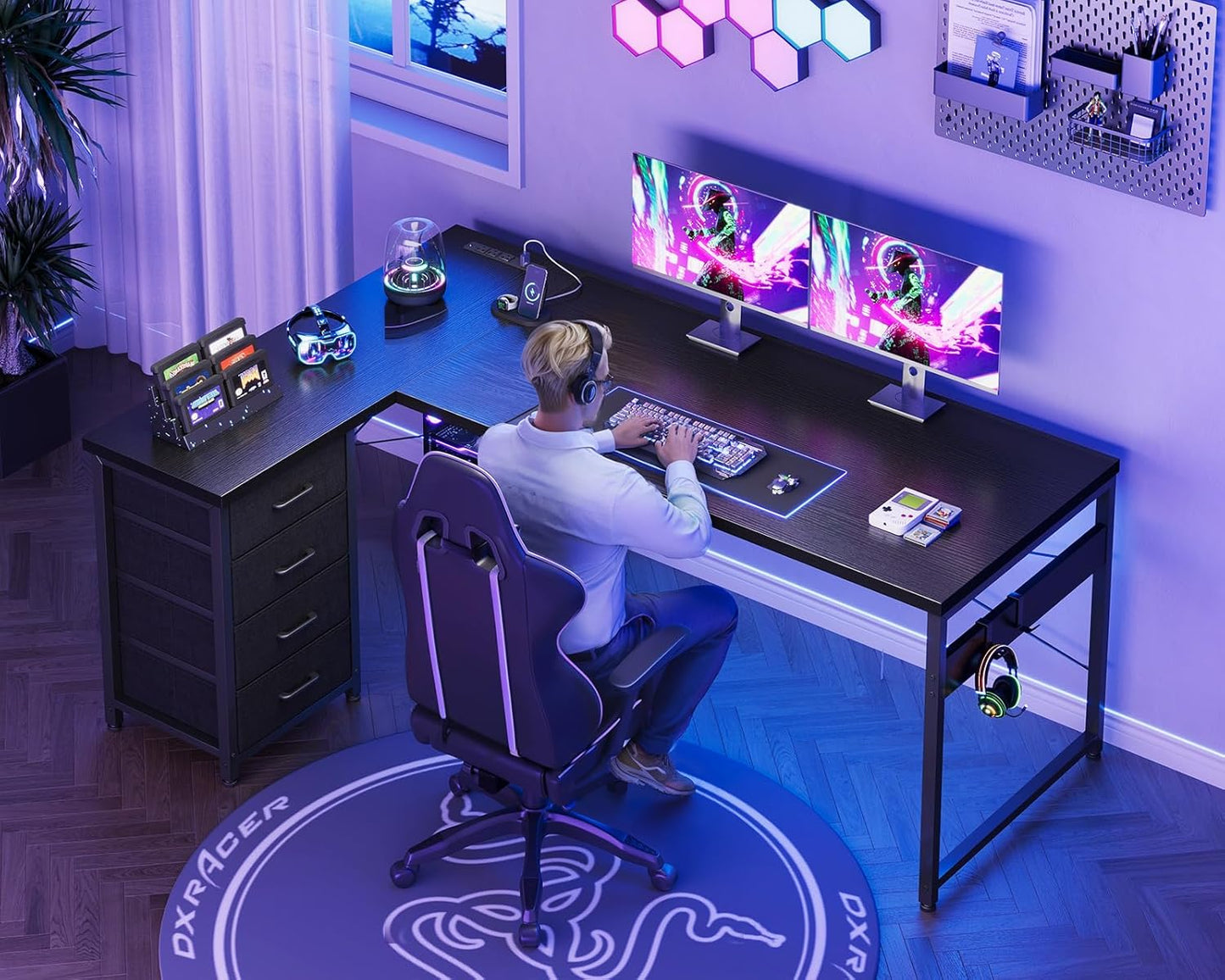 L Shaped Gaming Desk with 4 Drawers, 61" Reversible Home Office Desks with Power Outlets, L Shaped Computer Desk with USB Charging Port and Host Stand, Corner Desk, Easy to Assemble, Black