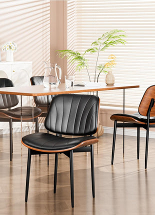 Set of 2 FSC Certified Mid-Century Modern Upholstered PU Leather Dining Chairs with Walnut Bentwood and Metal Legs in Black