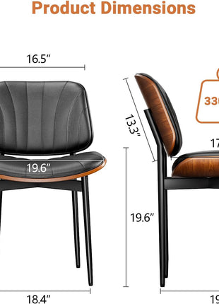 Set of 2 FSC Certified Mid-Century Modern Upholstered PU Leather Dining Chairs with Walnut Bentwood and Metal Legs in Black