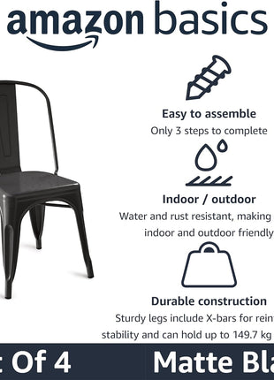 Set of 4 Stackable Metal Dining Chairs with Matte Black Finish, Easy Assembly, Suitable for Indoor and Outdoor Use