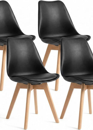 Set of 4 Contemporary Upholstered Dining Chairs with PU Leather Seats, Armless Design, Curved Backrest, and Solid Wood Legs for Dining Room and Kitchen in Black
