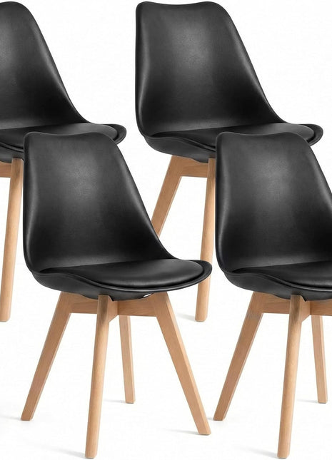 Set of 4 Contemporary Upholstered Dining Chairs with PU Leather Seats, Armless Design, Curved Backrest, and Solid Wood Legs for Dining Room and Kitchen in Black