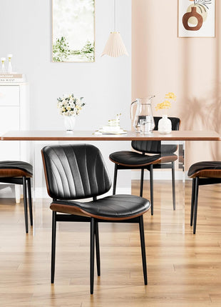 Set of 2 FSC Certified Mid-Century Modern Upholstered PU Leather Dining Chairs with Walnut Bentwood and Metal Legs in Black