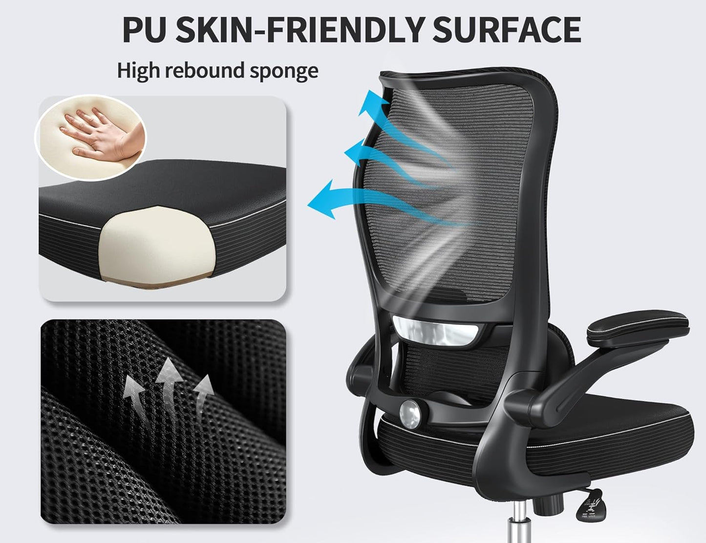 Ergonomic Office Chair - Desk Chair with Wave High Back Adjustable Lumbar Support Computer Chair - Gaming Chairs Mesh Backrest and PU Leather Seat for Home Reading Chairs to Adults(Black)