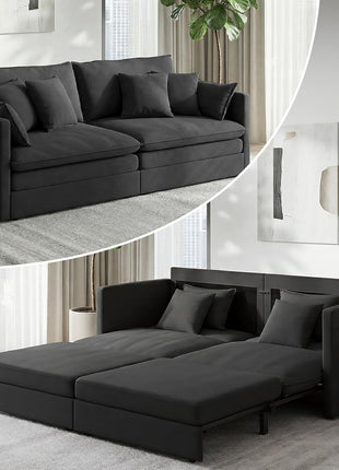 Luxurious 78-Inch King Size Ice Velvet 3-in-1 Convertible Sofa Bed with Side Pocket and Four Pillows in Black