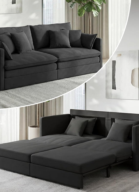 Luxurious 78-Inch King Size Ice Velvet 3-in-1 Convertible Sofa Bed with Side Pocket and Four Pillows in Black