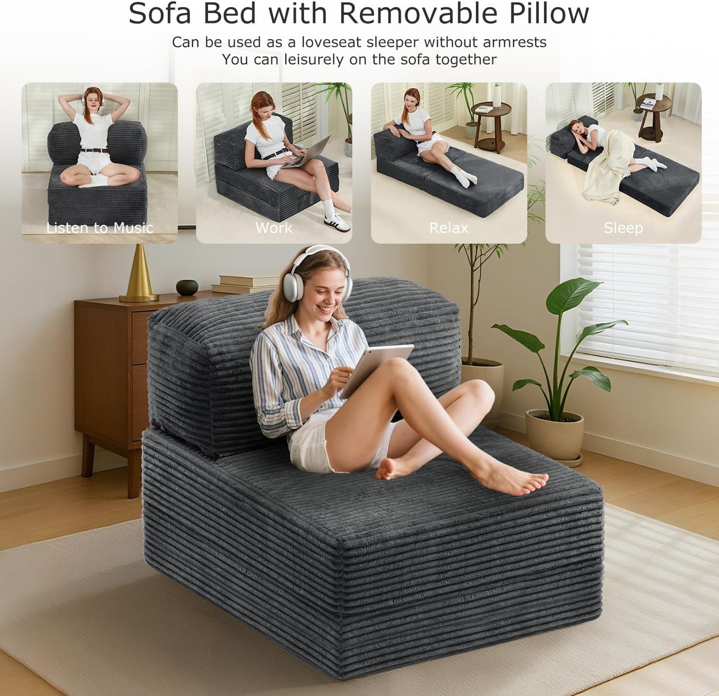 Folding Sofa Bed, Convertible Sleeper Chair Foldable Mattress with Back Support, Comfy Floor Couch Sofa Lounge for Living Room Bedroom, Grey, Single