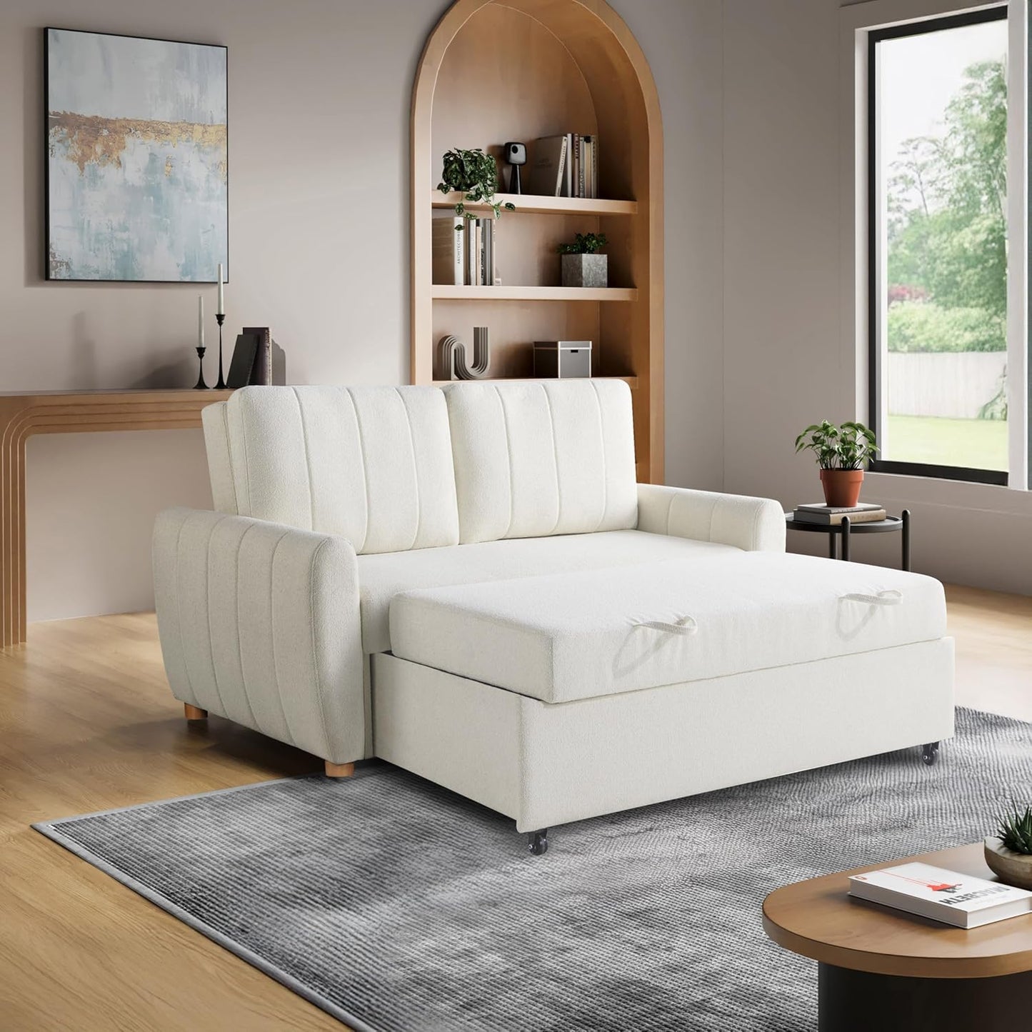 Galway 66.5" Convertile Sleeper Loveseat, Full Size, Dreamcoil Comfort, Fingerguard Pinch Point Protection, oucle Faric, Ivory