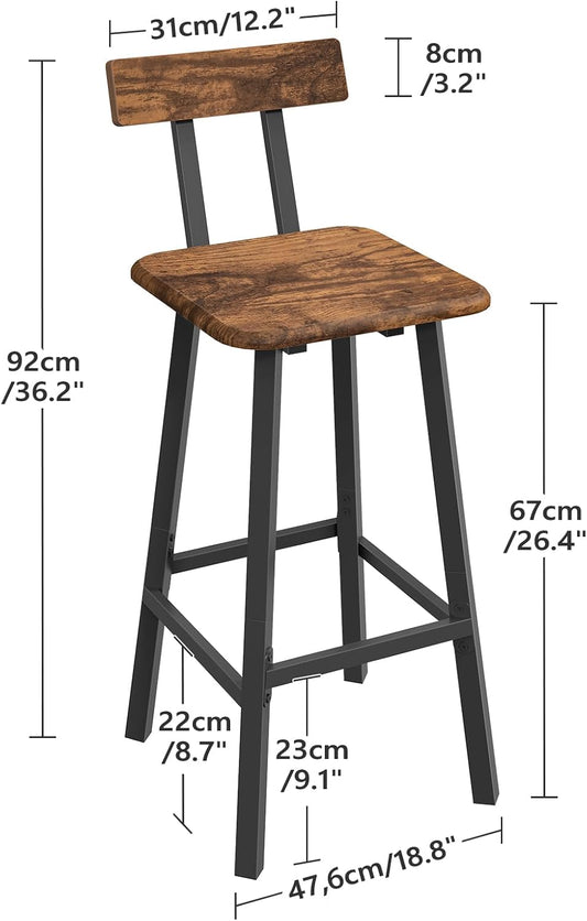 Bar Stools, Set of 2 Bar Chairs with Backrest and Footrest, 26" Breakfast Chairs, Counter Stools for Bar, Living Room, Kitchen, and Dining Room, Rustic Brown and Black BAHR05101