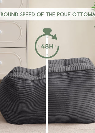 Square Corduroy Pouf Ottoman with Foam Filling, Fluffy Foot Stool and Storage Solution, 25.6 x 25.6 Inches in Dark Grey