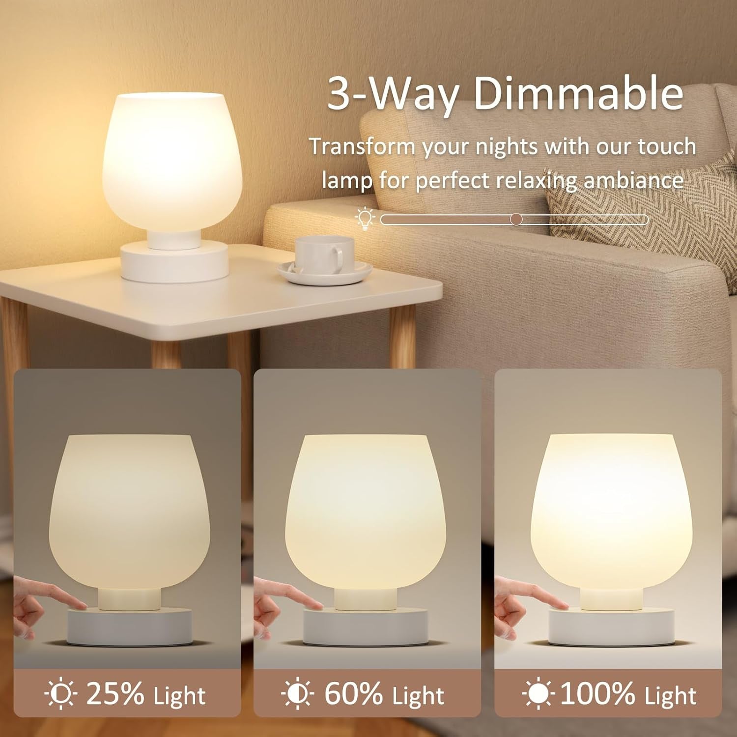 Touch Table Lamp for Nightstand - Small Bedside Lamp for Bedroom Living Room Night Stands, Desk Lamp with White Glass Shade for Small Spaces, 3 Way Dimmable, LED Bulbs, Gifts