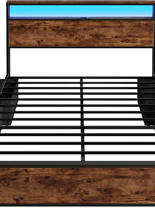Queen Bed Frame with Headboard and 6 Drawers, Metal Platform Design with Charging Station, LED Lighting, and Two-Tier Shelf Storage - No Box Spring Required, Noise-Free, Rustic Brown Finish