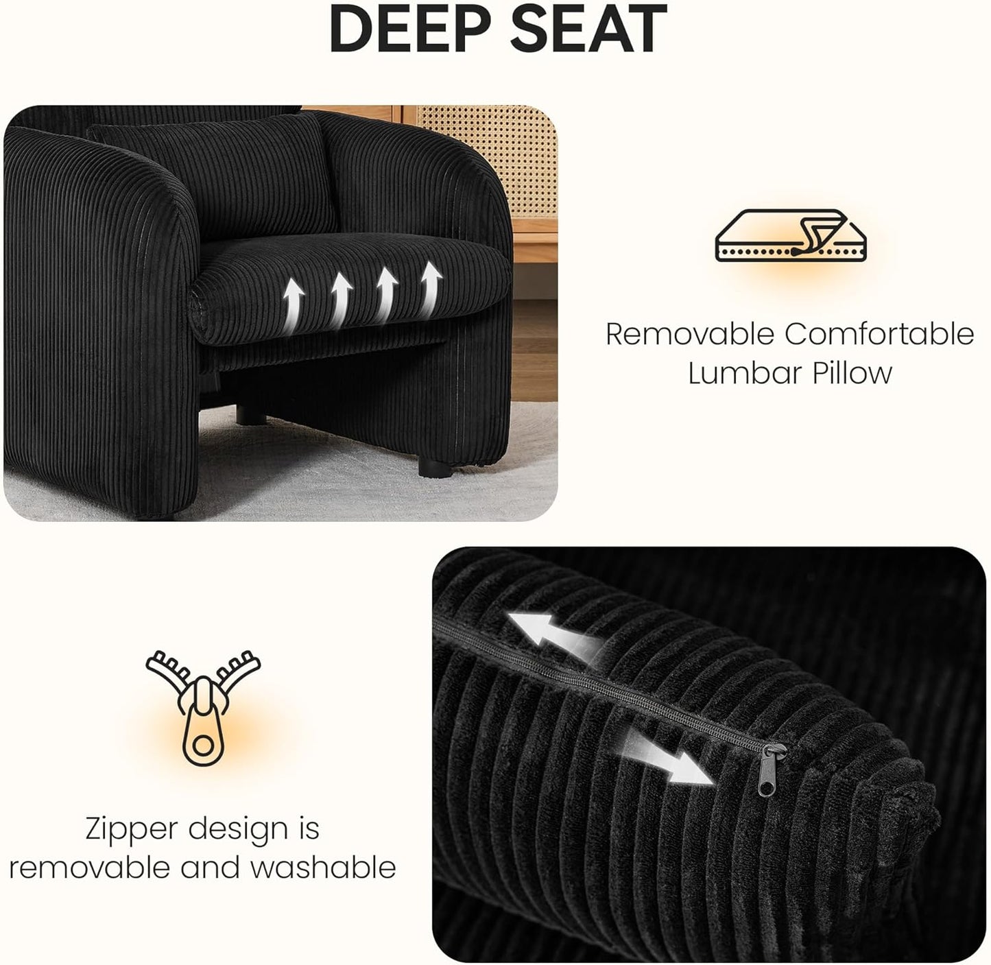 Modern Accent Chair, Comfy Upholstered Corduroy Armchair, Stylish Lounge Reading Chair for Living Room, Bedroom, Black