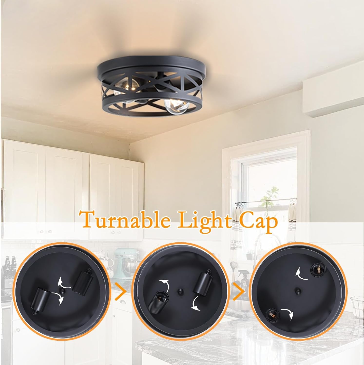 2 Pack Black Farmhouse Flush Mount Ceiling Light,2-Light Rustic Hallway Light Fixtures,Industrial Lighting Fixtures Ceiling Mount for Kitchen Hall Entry Bedroom Closet