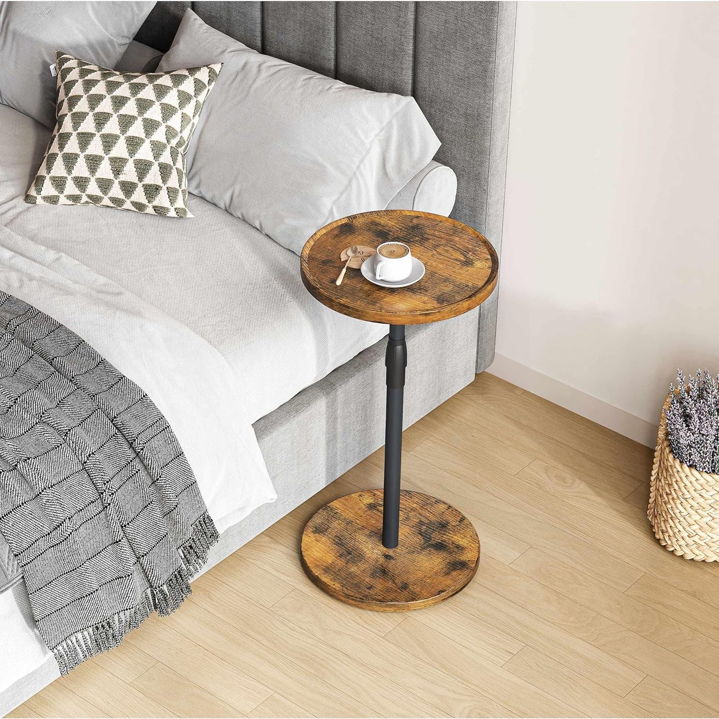 Adjustable End Table, Small round Side Table, Drink Table for Small Spaces, Pedestal Nightstand for Living Room, Bedroom, Sofa Couch, Rustic Brown ET-010RB