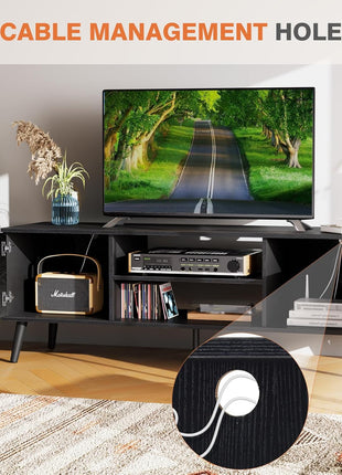 Contemporary Mid-Century TV Stand for 55-60 Inch Televisions, Entertainment Center with Storage, Media Console Table Featuring 2 Cabinets and Soft Close Hinges, Wooden Design for Living Room and Office, Black Finish