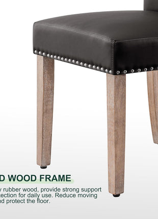 Set of 4 Mid-Century Modern Grey Faux Leather Dining Chairs with Nailhead Trim and Wooden Legs