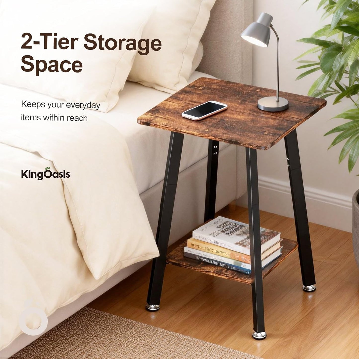 Brown Side Table, 2-Tier Small Square End Table for Small Spaces, Living Room, Bedroom