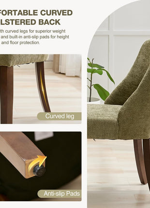 Set of 2 Mid-Century Modern Chenille Upholstered Dining Chairs with Solid Wood Legs in Green for Kitchen and Dining Room