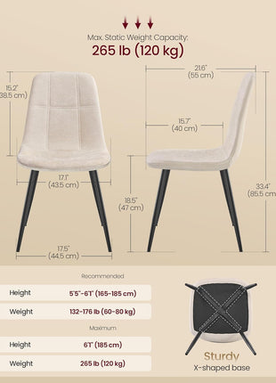 Set of 4 Cream White Dining Room Chairs with Metal Frame, Adjustable Feet, Easy-to-Clean Chenille Fabric, and Glacier-Textured Synthetic Leather for Kitchen Use UKDC188W01