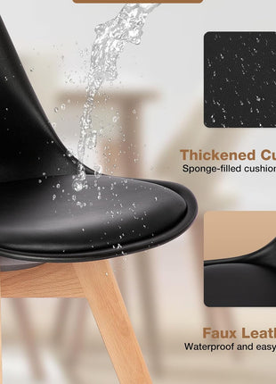 Set of 8 Mid-Century Modern Dining Chairs with Wooden Legs and PU Leather Cushions for Living Room, Bedroom, and Outdoor Use in Black