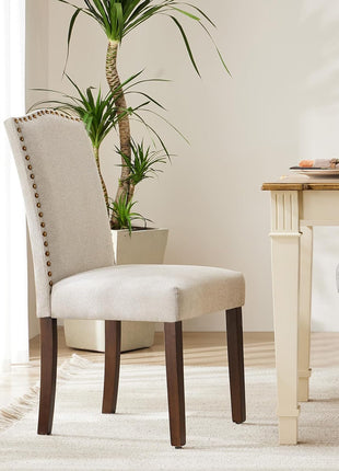 Set of 4 Contemporary Dining Chairs with Wooden Legs and Upholstered Seats for Dining Room, Kitchen, Living Room, and Restaurant in Beige