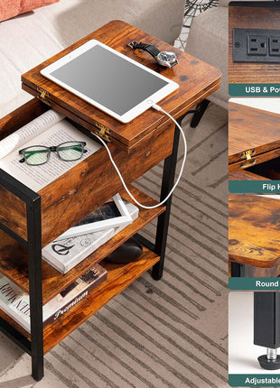 End Table with Built-in Charging Station, Flip Top Design Featuring USB Ports and Outlets, Multi-functional Sofa and Bedside Table for Living Room and Bedroom, Space-saving Nightstand with Storage Shelves