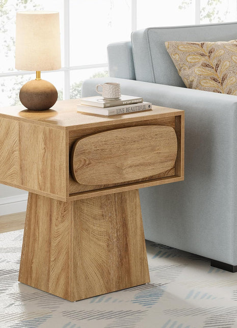 Contemporary Wooden End Table with Storage Drawer and Curved Handle for Living Room and Bedroom, Perfect for Compact Spaces (Natural Wood Finish)