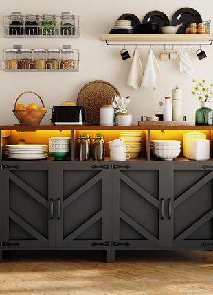 55'' Farmhouse Buffet Sideboard with Storage, Power Outlets, and LED Lighting - Large Wood Kitchen Cabinet for Dining Room and Entryway