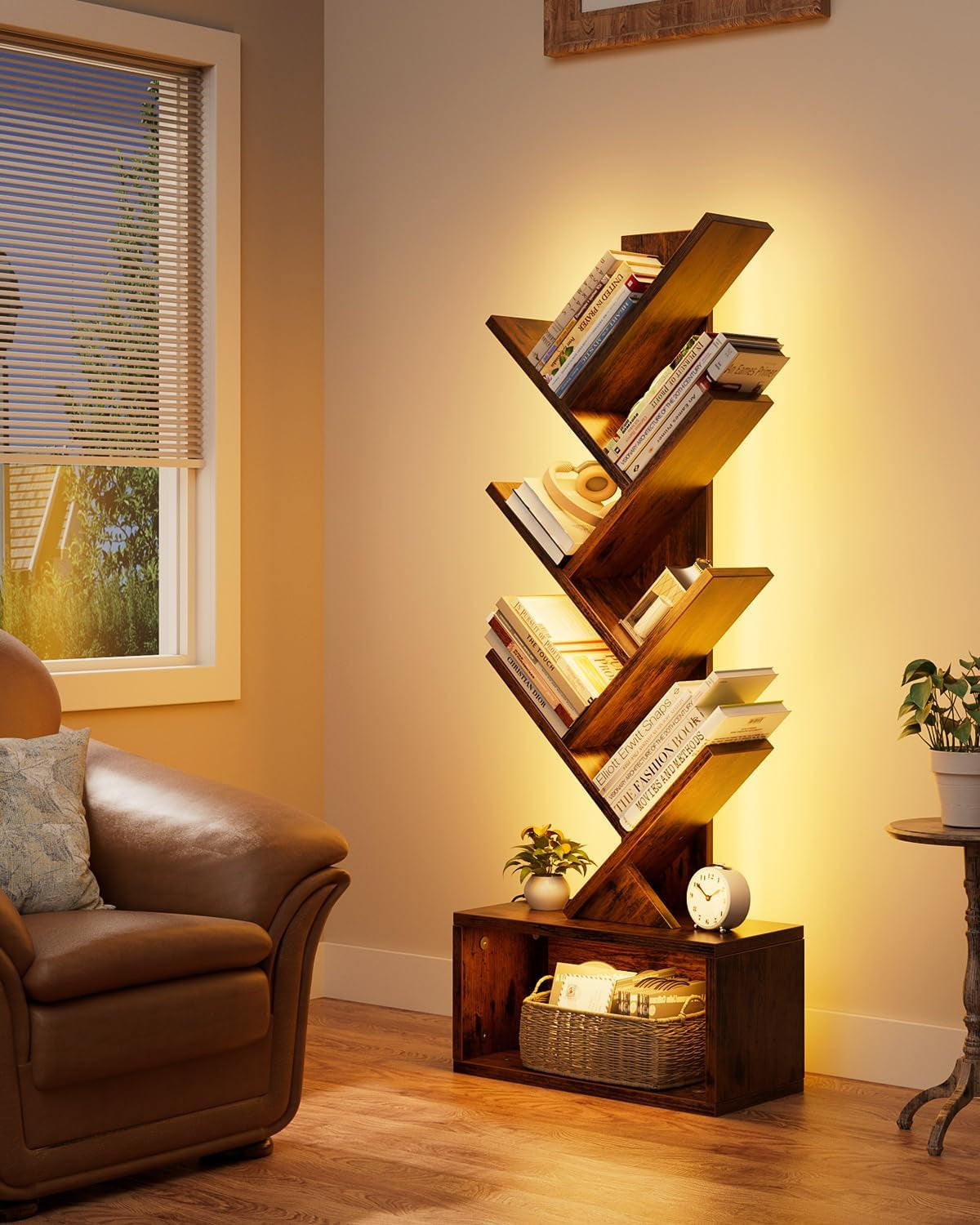 6 Tier Tree Bookshelf with Lights, LED Book Tree Bookcase with Storage Organizer, Small Corner Bookshelf Floor Standing Book Shelf for Living Room, Bedroom & Home Office, Rustic Brown