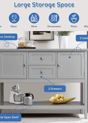 Grey Wood Buffet Sideboard with Storage Shelves, Drawers, and Cabinets for Living, Kitchen, and Dining Areas