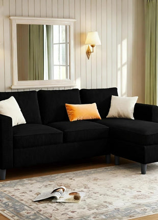 Modern 3-Seat Reversible Sectional Sofa with Convertible Ottoman in Ribbed Fabric - L-Shaped Couch for Small Spaces, Ideal for Apartments, Studios, and Offices - Easy Assembly - Black