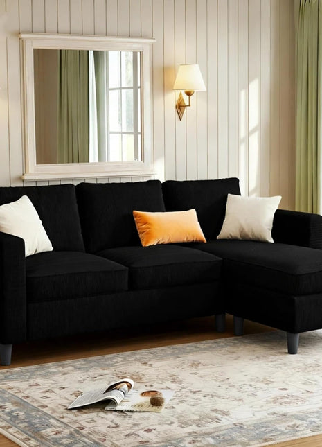 Modern 3-Seat Reversible Sectional Sofa with Convertible Ottoman in Ribbed Fabric - L-Shaped Couch for Small Spaces, Ideal for Apartments, Studios, and Offices - Easy Assembly - Black
