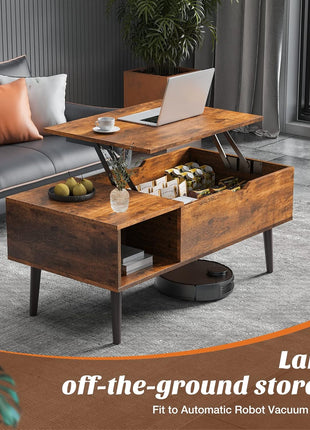 Lift-Top Coffee Table for Living Room - Compact Wooden Center Table with Storage Shelf and Concealed Compartment in Brown
