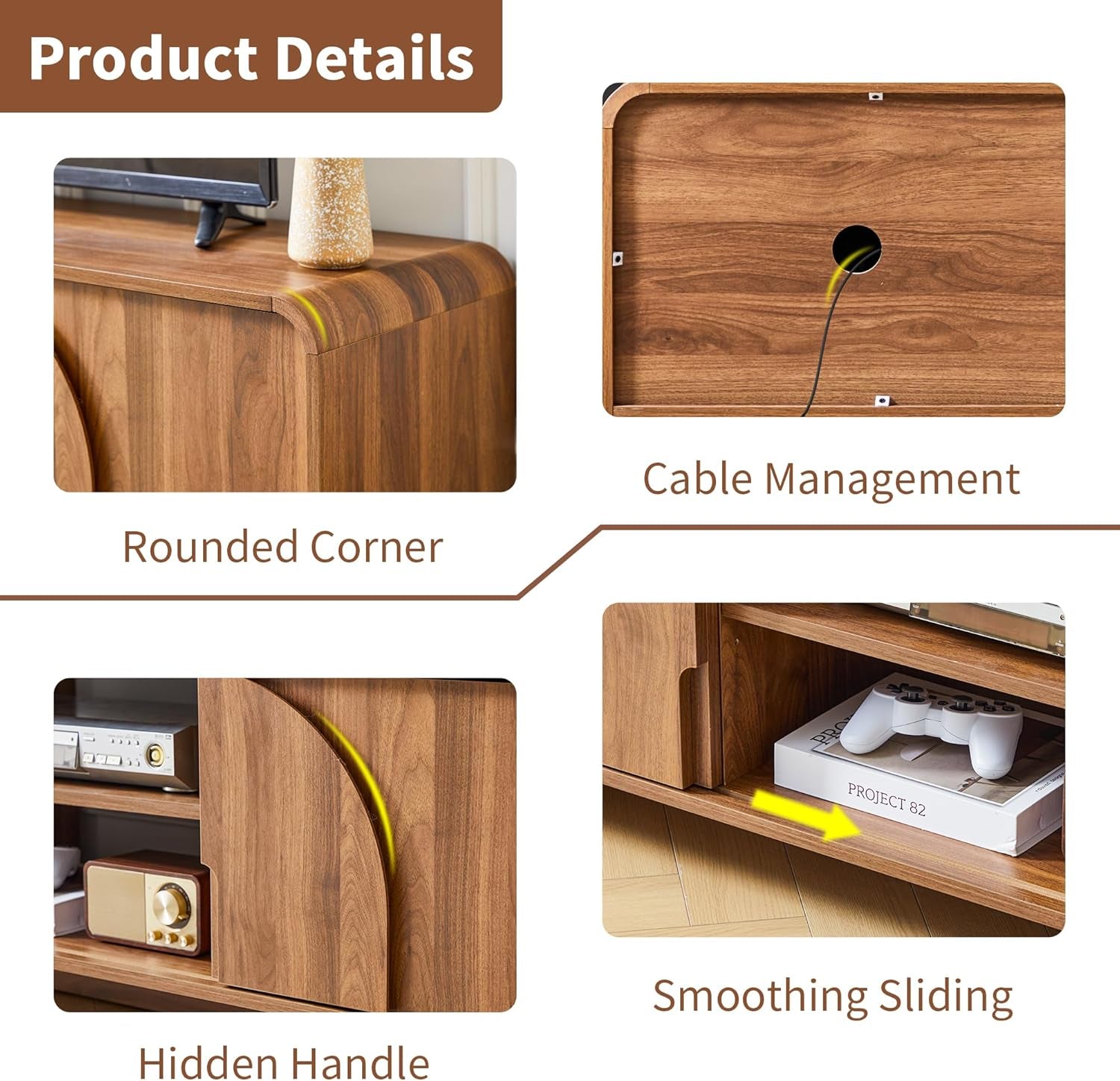 63'' TV Stand for up to 75" Tvs,Mcm TV Console Table with Big Arched Handle,Television Stands Entertainment Media Center with Sliding Door for Living Room Bedroom (Walnut)