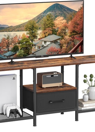 Industrial TV Stand with Fabric Drawer - Rustic Brown Entertainment Center for 50-55 Inch TVs with Open Storage Shelves for Living Room and Bedroom