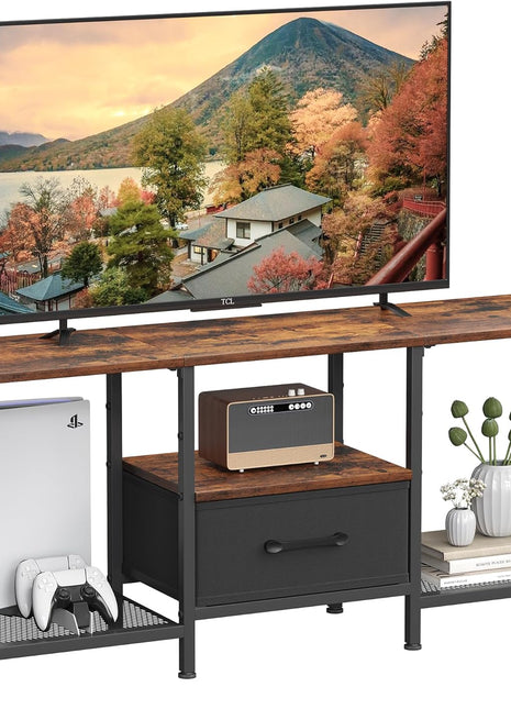 Industrial TV Stand with Fabric Drawer - Rustic Brown Entertainment Center for 50-55 Inch TVs with Open Storage Shelves for Living Room and Bedroom