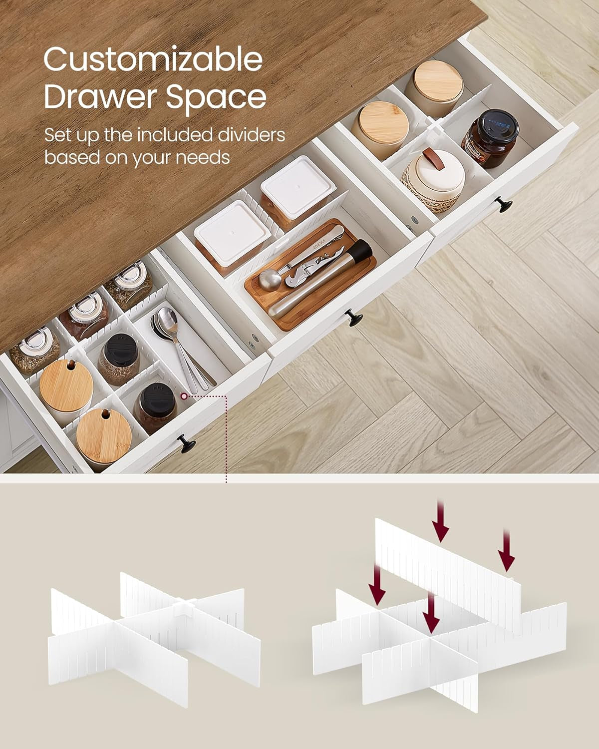 LIRY Collection - Buffet Cabinet, Coffee Bar Cabinet with 3 Drawers, Adjustable Shelves, Sideboard Storage with Cable Holes, Drawer Dividers, Rustic White and Honey Brown UBBK371W01V1