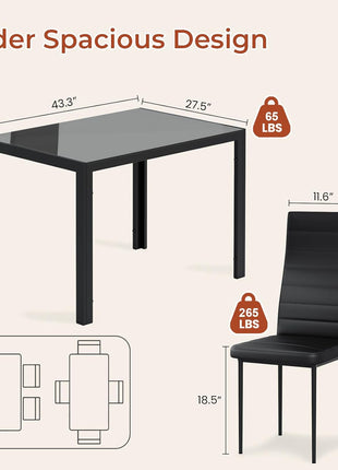 5-Piece Dining Table Set for Four with Tempered Glass Top and Upholstered PU Chairs, Space-Saving Metal Frame Design for Home and Kitchen in Black