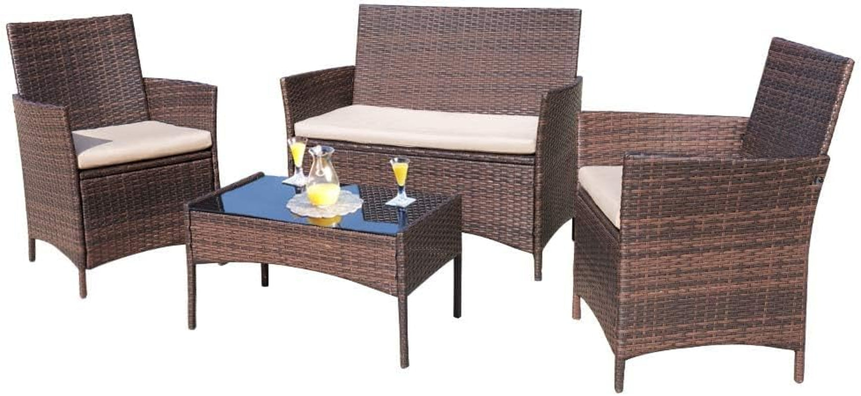4 Pieces Outdoor Patio Furniture Sets Rattan Chair Wicker Set,Outdoor Indoor Use Backyard Porch Garden Poolside Balcony Furniture (Brown and Beige)