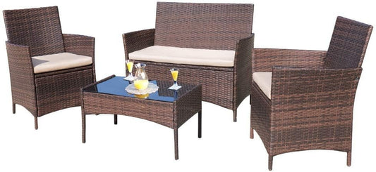 4 Pieces Outdoor Patio Furniture Sets Rattan Chair Wicker Set,Outdoor Indoor Use Backyard Porch Garden Poolside Balcony Furniture (Brown and Beige)
