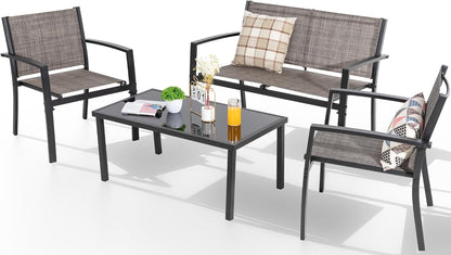 4 Pieces Patio Furniture Set All Weather Textile Fabric Outdoor Conversation Set, with Glass Coffee Table, Loveseat, 2 Single Chairs for Home, Garden, Lawn, Porch（Light Brown）