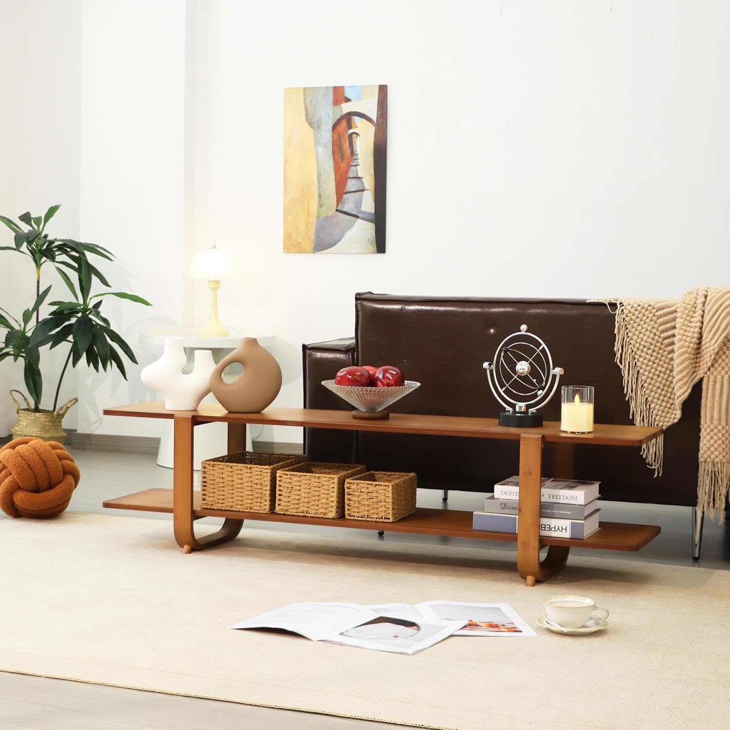 Bamboo TV Stand for Tvs up to 65", Media TV Console Table with Storage, Accent Entertainment Center with Shelf, Modern TV Stand for Living Room, Bedroom, 55"(L), Walnut