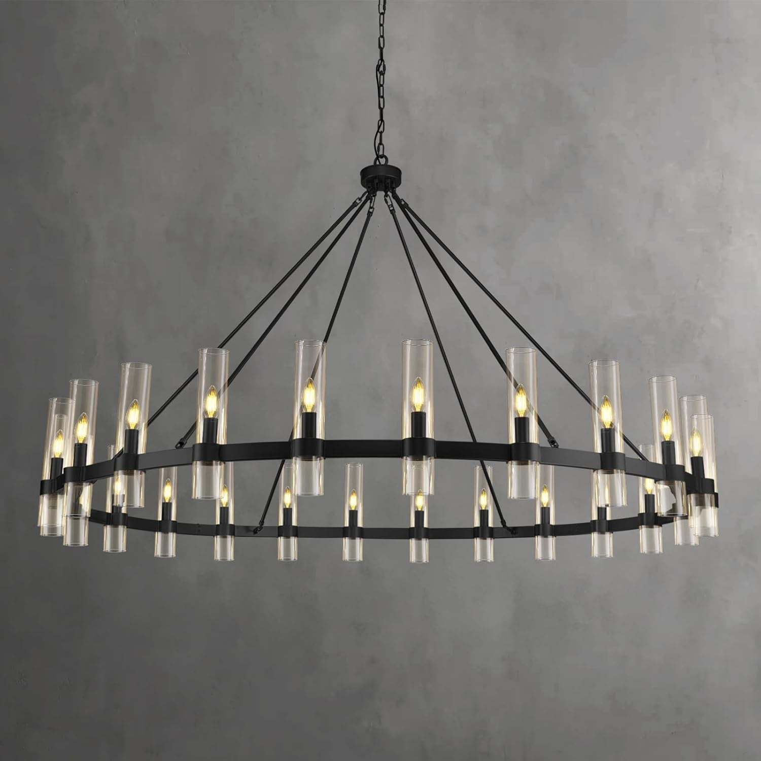 Black Wagon Wheel Chandelier 70 Inch, Large Chandeliers for High Ceilings, 24-Light Chandelier with Glass Shade, Modern Farmhouse Chandeliers for Living Room, Dining Room and Foyer(24 Bulbs Included)