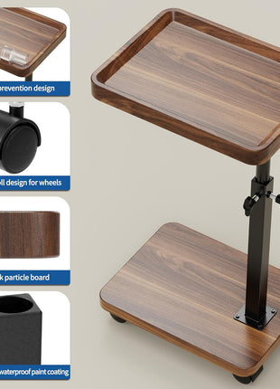 Adjustable Height C Table with 360° Swivel and Mobility Wheels for Compact Living Areas - Walnut Finish