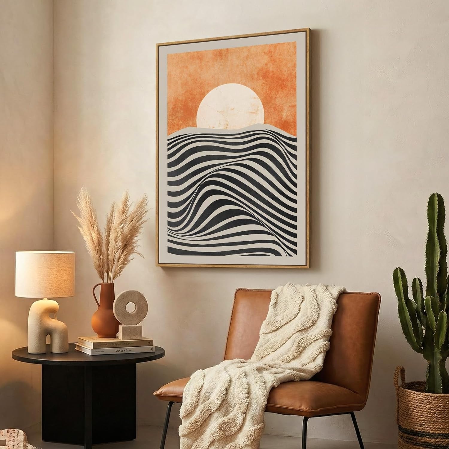 Framed Boho Abstract Sun Wall Art for Living Room, Orange Sunset Vertical Mid Century Modern Canvas Artwork for Walls, Bohemian Stripes Painting Print Wall Decor for Bedroom Home Office, 24X36 Inch